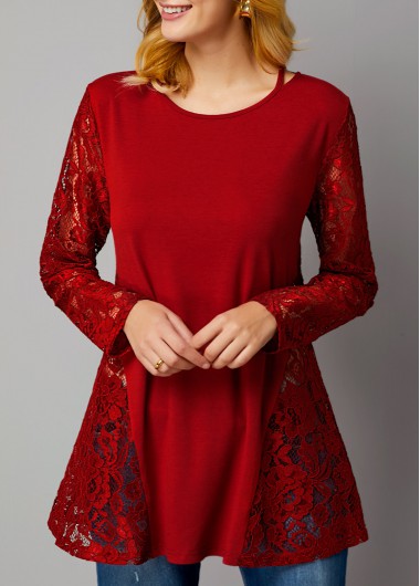 Lace Panel Long Sleeve Wine Red T Shirt - XXL