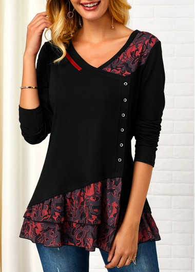 Printed V Neck Button Front T Shirt