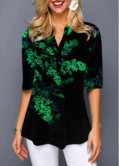 Ombre Print Split Neck Half Sleeve T Shirt - L