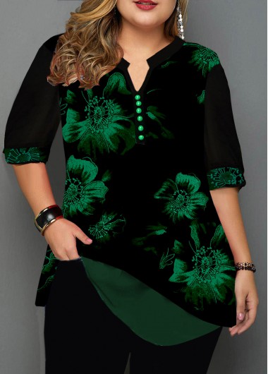 Plus Size Button Detail Split Neck Blouse - 1X
