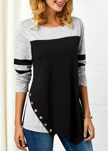 Modlily Button Detail Long Sleeve Asymmetric Hem T Shirt - XXL