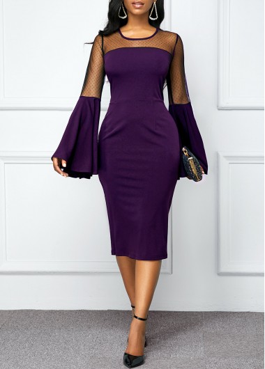Flare Sleeve Mesh Patchwork Back Zipper Dress - XXL