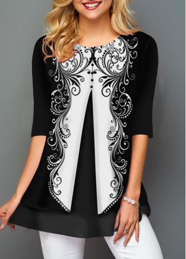 Tribal Print Front Slit Button Detail T Shirt - M