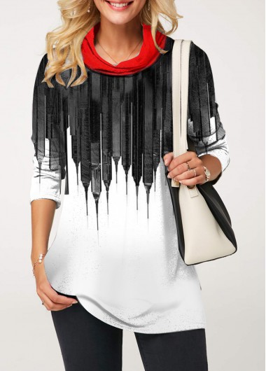 Printed Cowl Neck Color Block T Shirt - M