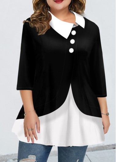 Plus Size Turndown Collar Faux Two Piece Blouse - 0X