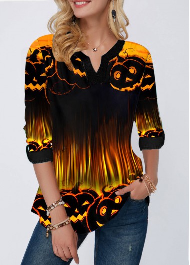 Halloween Top Pumpkin Lamp Print Split Neck Roll Sleeve Blouse for Women - M