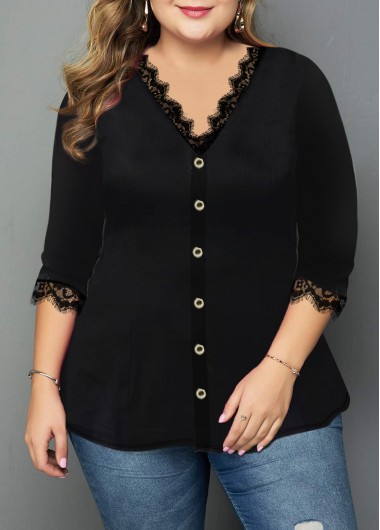 Plus Size Lace Panel Button Front T Shirt - 2X