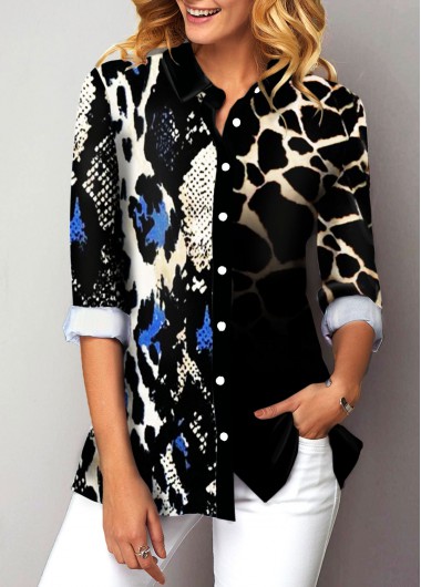 Leopard Print Button Up Turndown Collar Shirt - L