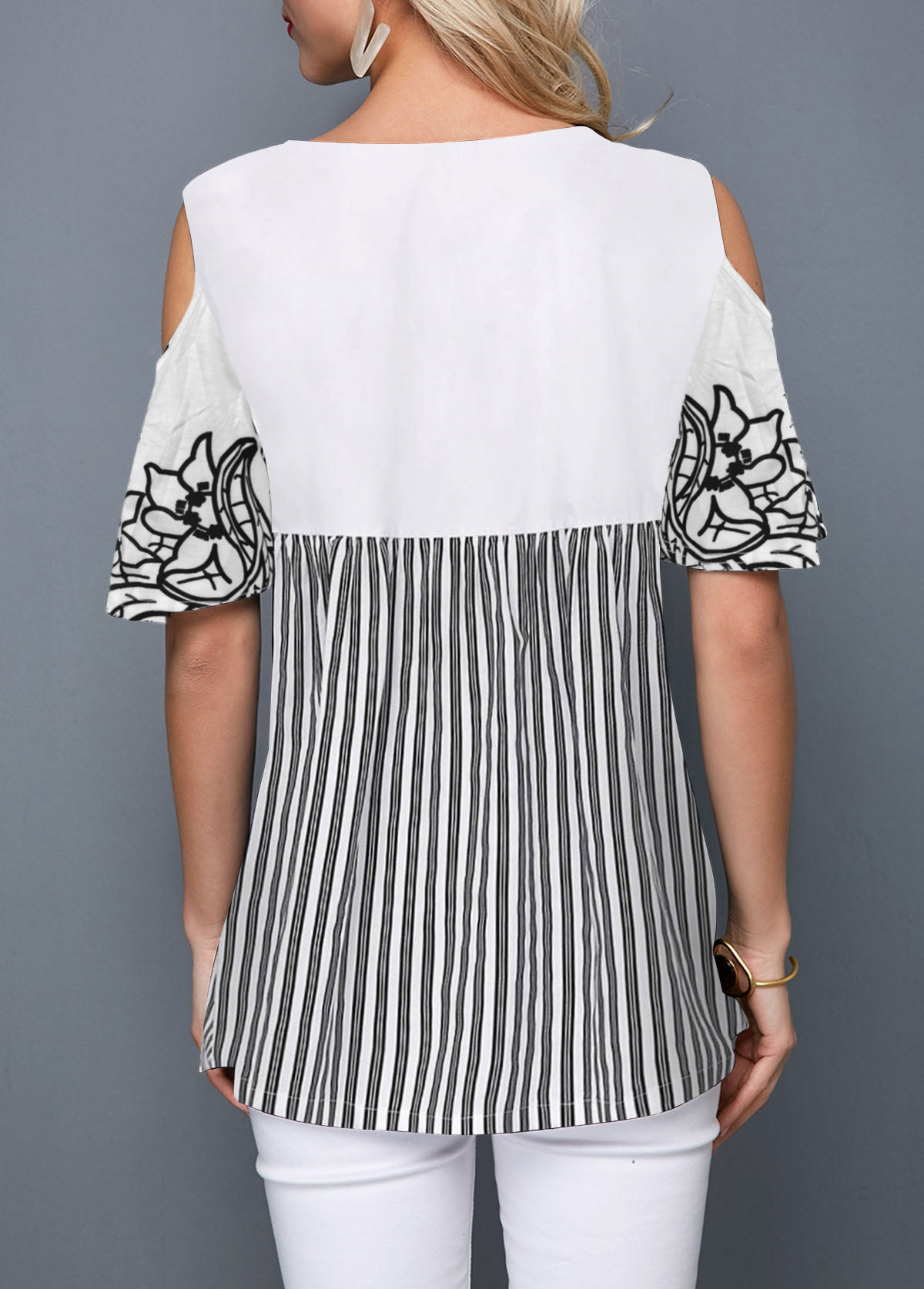 Flower Print Cold Shoulder Striped Blouse | picture 