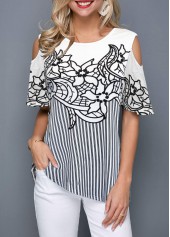 Flower Print Cold Shoulder Striped Blouse