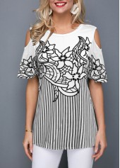 Flower Print Cold Shoulder Striped Blouse | thumb picture 