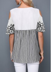 Flower Print Cold Shoulder Striped Blouse | thumb picture 