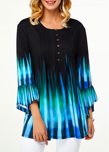 Modlily Crinkle Chest Flare Sleeve Stripe Print Blouse - M