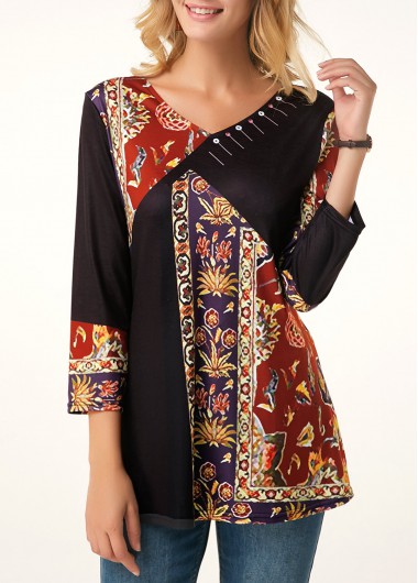 Tribal Print Three Quarter Sleeve V Neck T Shirt - XL