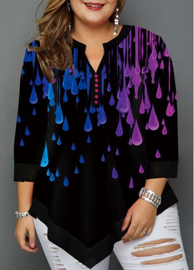 Asymmetric Hem Printed Plus Size Blouse - 1X