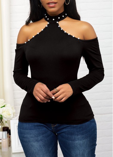 Modlily Embellished Neck Cold Shoulder Black Sweater - L