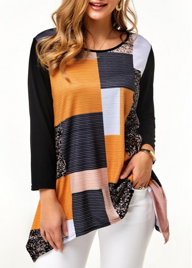 Asymmetric Hem Geometric Print Round Neck T Shirt - XL