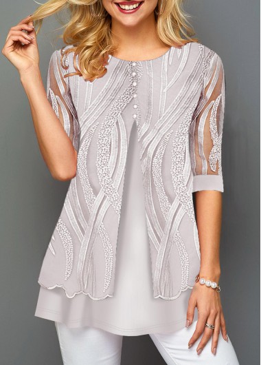 Lace Patchwork Button Detail Half Sleeve T Shirt - L