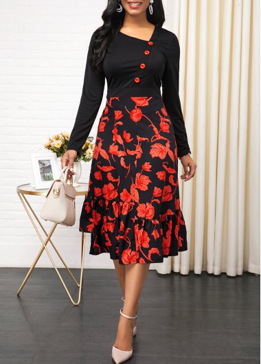 Floral Print Side Zipper Button Detail Dress - L