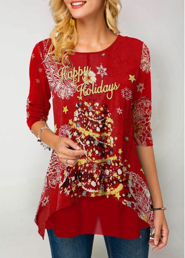 Christmas Shirt Red Round Neck Long Sleeve Casual T Shirt for Women - XXL
