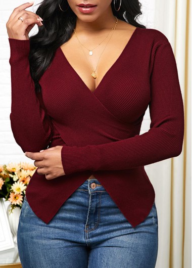 Modlily Plunging Neck Crossover Hem Pullover Sweater - XXL