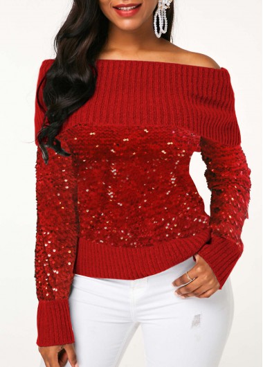 Buy Cheap Christmas Sweater Off The Shoulder Sequin Embellished Red