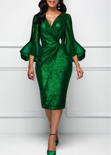 Flare Sleeve Round Neck Dark Green Dress - XXL