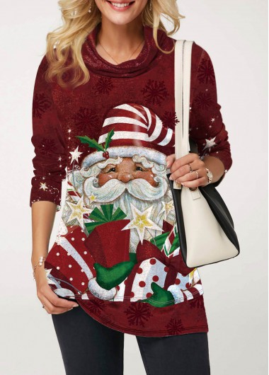 Buy Cheap Christmas Sweater Santa Claus Print Top High Neck Cowl Neck Sweater Long Sleeve 