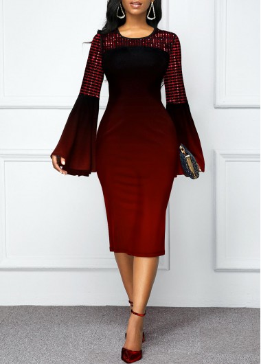 Flare Sleeve Ombre Round Neck Dress - XL