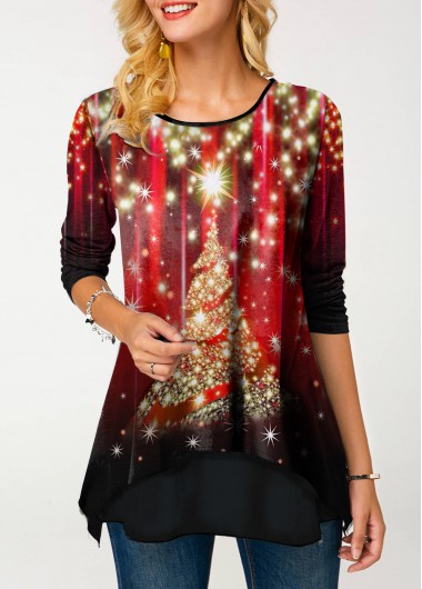 Christmas Shirt Sequin Top Long Sleeve Shirt Round Neck Shirt Red Christmas Top for Women - XXL