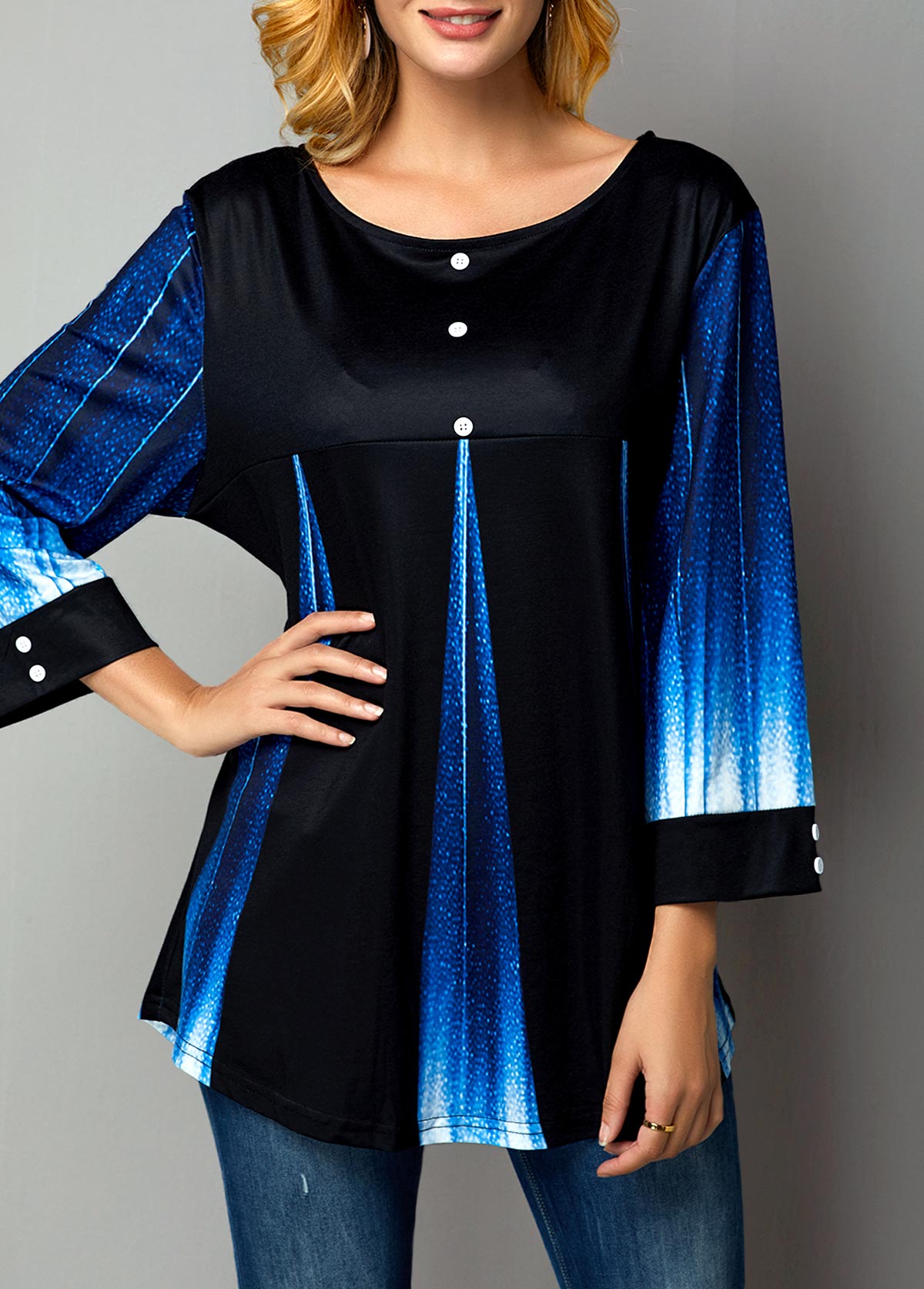 Blue Patchwork Floral Print Fake Two Piece Twinset | picture 