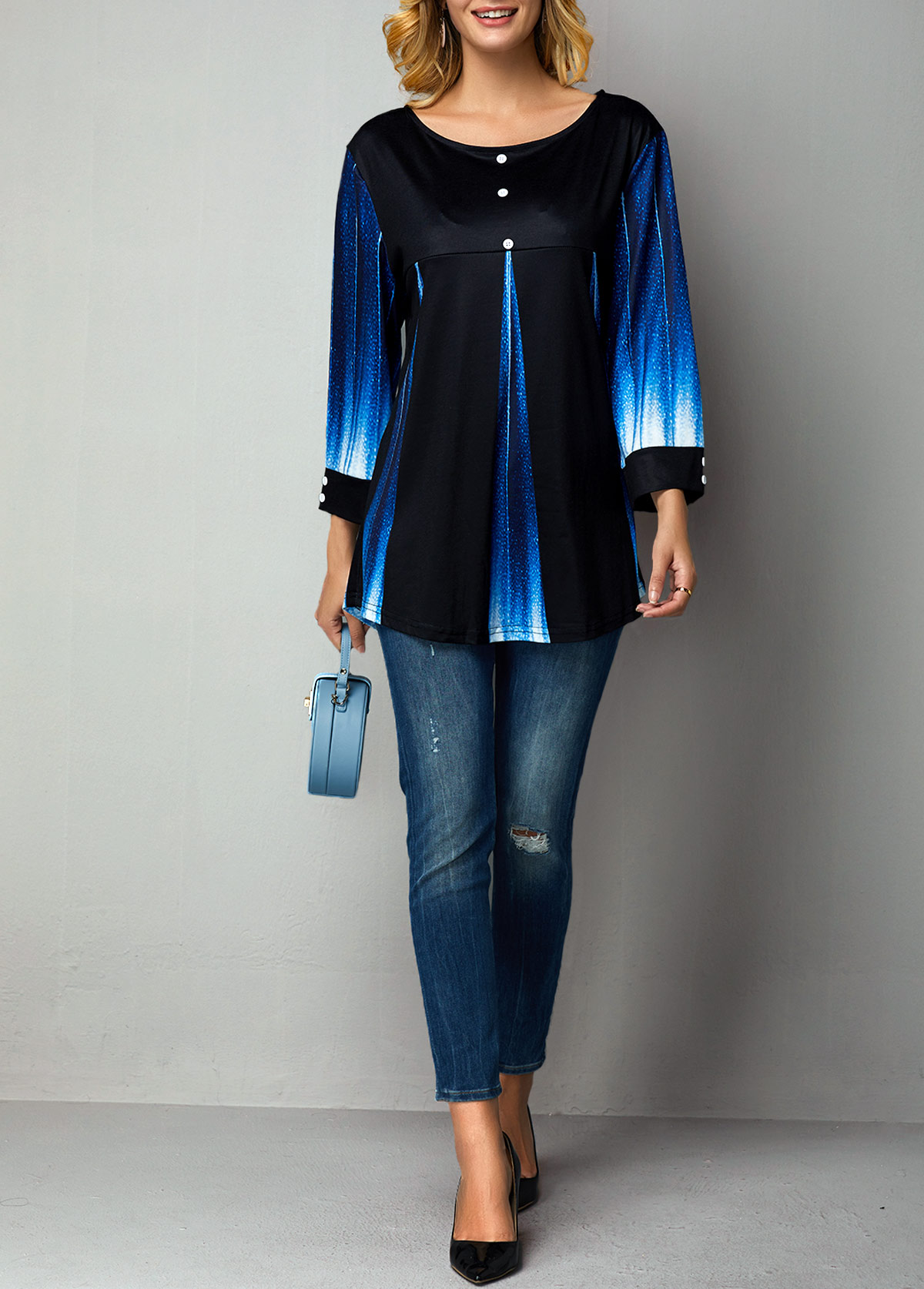 Blue Patchwork Floral Print Fake Two Piece Twinset | picture 