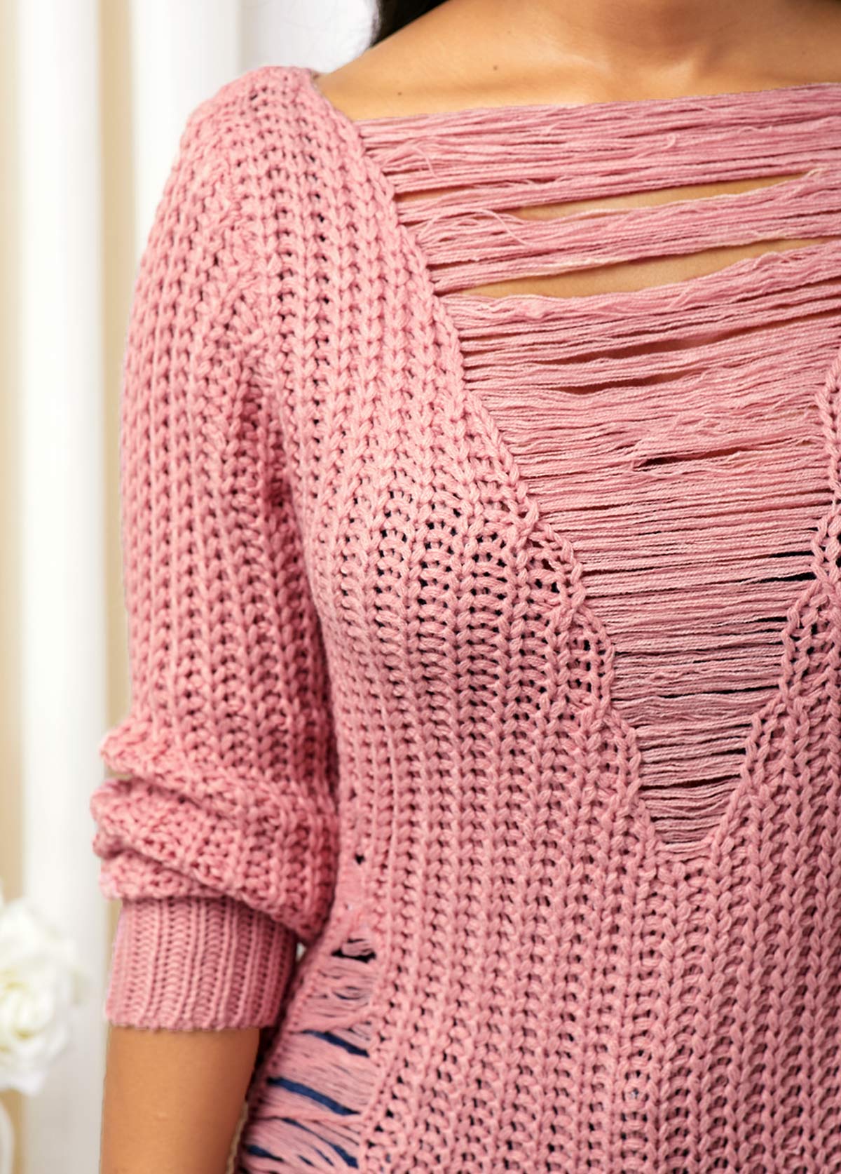 Shredded Long Sleeve Peach Pink Sweater