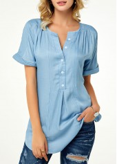 Patchwork Short Sleeve Split Neck Blouse