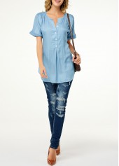 Patchwork Short Sleeve Split Neck Blouse