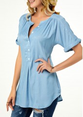 Patchwork Short Sleeve Split Neck Blouse