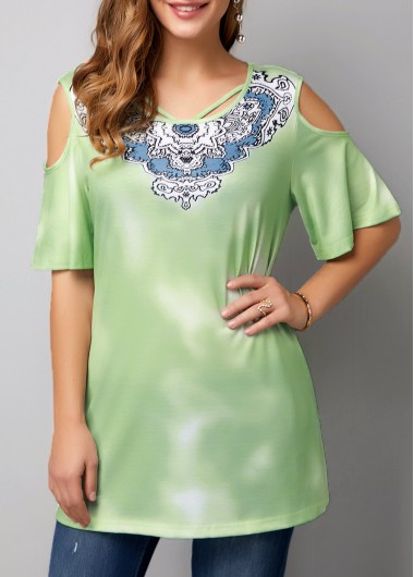 Modlily Cold Shoulder Half Sleeve T Shirt - L