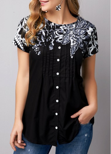 Modlily Women&apos;s Black Casual Tunic Top Button Front Short Sleeve Flower Print T Shirt - M