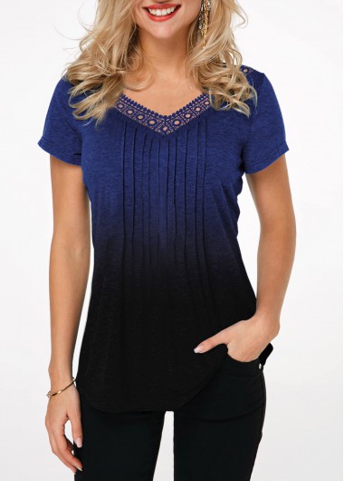 Modlily Women&apos;s Blue And Black Color Block Top Crinkle Chest Short Sleeve Gradient Lace Patchwork T Shirt - S