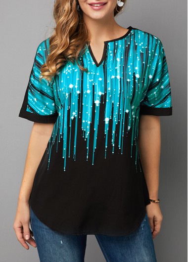 Modlily Notch Neck Short Sleeve Dazzle Color Blouse - M