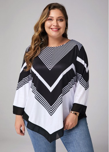 Modlily Asymmetric Hem Chevron Print Long Sleeve T Shirt - 0X