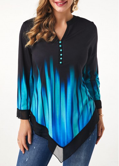 Split Neck Button Detail Asymmetric Hem T Shirt - L