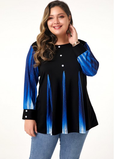 Modlily Women&apos;s Plus Size Shirt 3/4 Sleeve Printed Blue Button Detail Casual Shirt - 0X