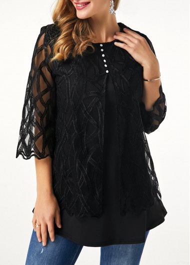 Modlily Lace Panel Button Detail Round Neck T Shirt - M