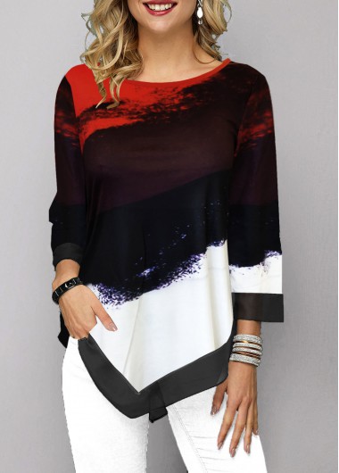 Modlily Women&apos;s 3/4 Sleeve Color Block Printed Round Neck Asymmetric Hem Casual T Shirt - XXL