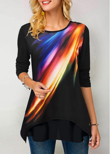 Modlily Long Sleeve Shirt Black Top Multi Color Shirt Round Neck T Shirt Fashion Top for Women - S