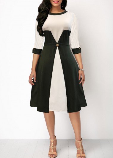 Color Block High Waist Three Quarter Sleeve Dress - XXL
