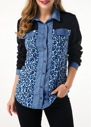 Leopard Print Denim Panel Button Up Shirt - L