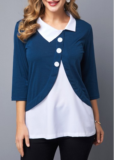 Modlily Faux Two Piece Button Detail Turndown Collar Blouse - M