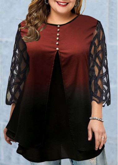 Plus Size Button Front Three Quarter Sleeve Blouse - 2X